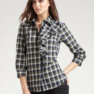 Tory Burch Ruffle Plaid Shirt Collared